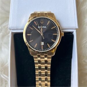 Bulova Gold-Tone Watch with Black Dial
